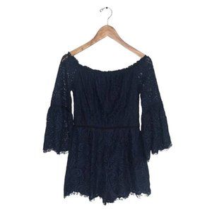 Freda Marie Lace Romper Off-The-Shoulder Navy‎ Black Bell Sleeves Size  Medium